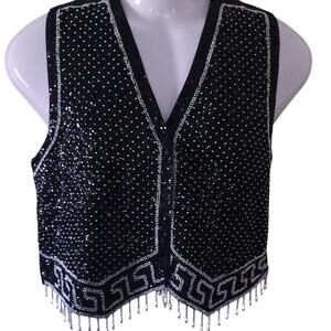 Vintage 90's Tara Stars Black and Silver Sequins Beaded Sleeveless Vest Womens M